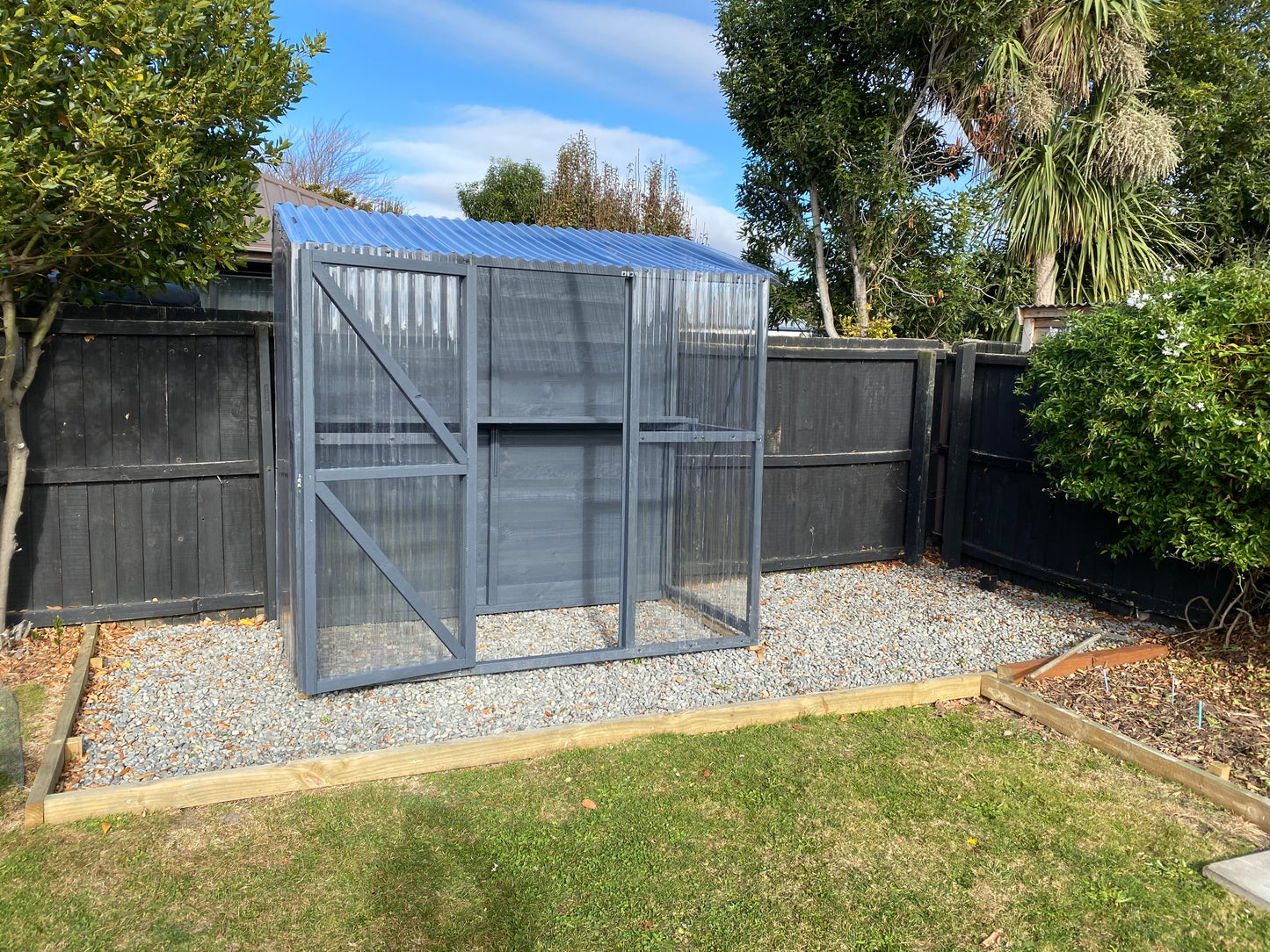 Lean-to-Timber polycarbonate greenhouse